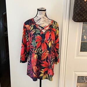 Tropical V-Neck Tunic Top - Red Multi